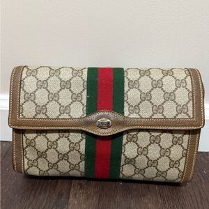 Gucci Beige and Brown Clutch with Red and Green Stripe